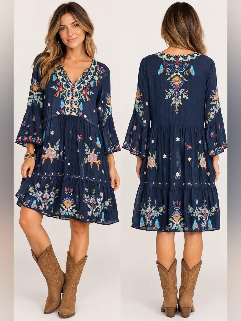 Johnny Was Workshop Embroidered Boho Tunic Dress Navy Blue Size M